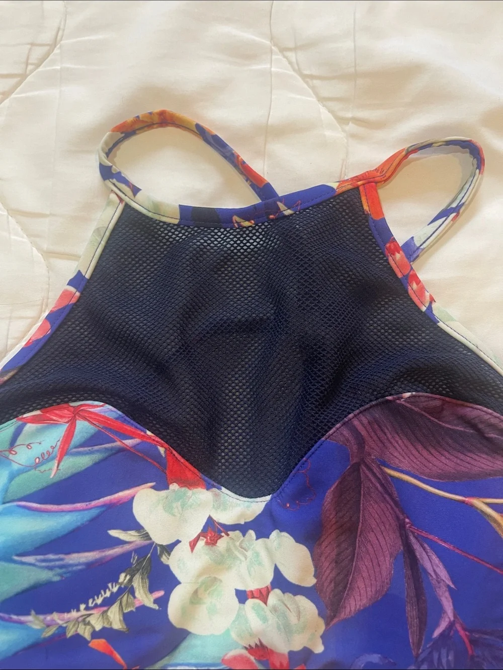 Athleta women’s Floral High-Neck Bikini in Navy with Multicolor Print